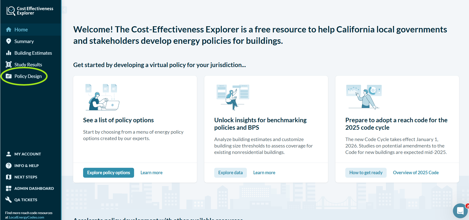 Cost Effectiveness Explorer Screenshot of new Policy Design landing page